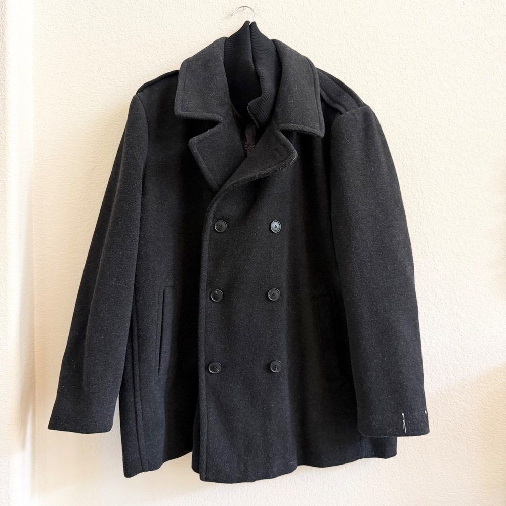 Calvin Klein Mens Black Wool Blend Double Breasted Pea Coat with Inner Bib XL